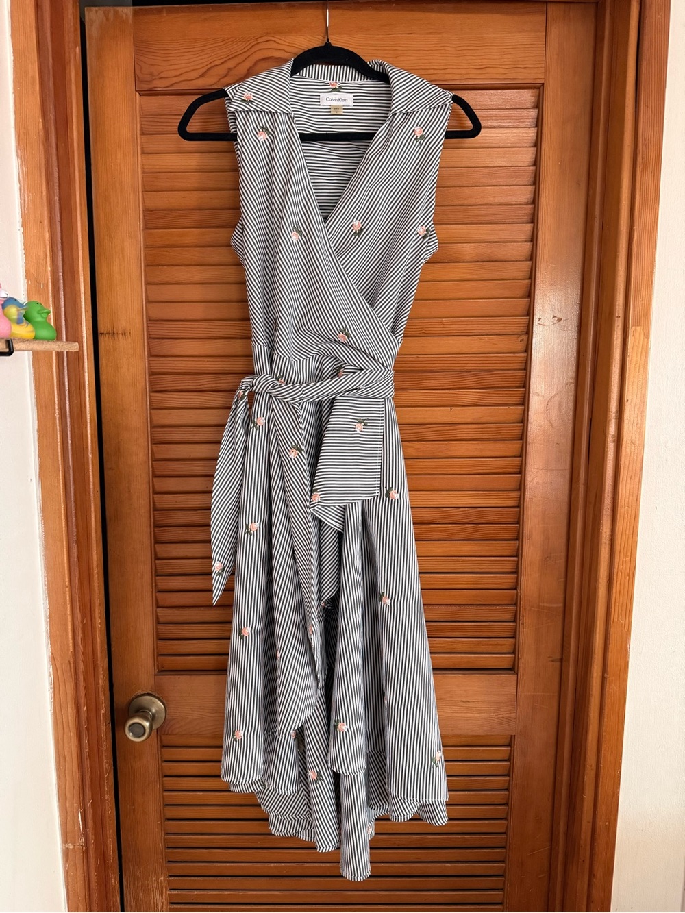 Calvin Klein Black and White Striped Midi Dress with Pink Floral Embroidery